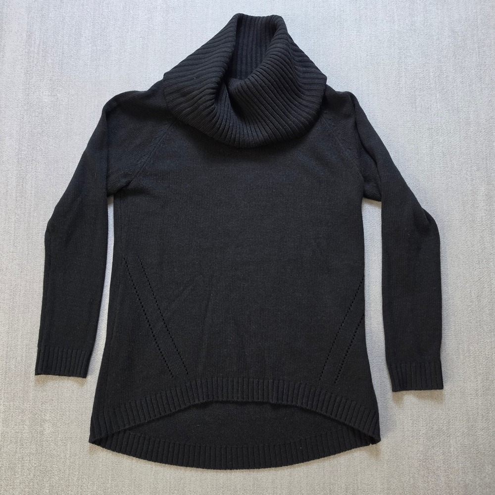 New York & Company Cowl Neck Sweater Women M Black High Low Pointelle Ribbed